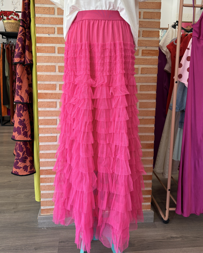 Falda Larga Tul Volantes Fucsia
