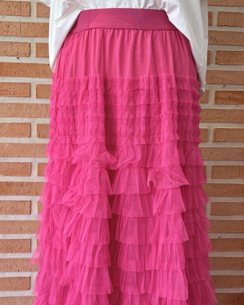 Falda Larga Tul Volantes Fucsia