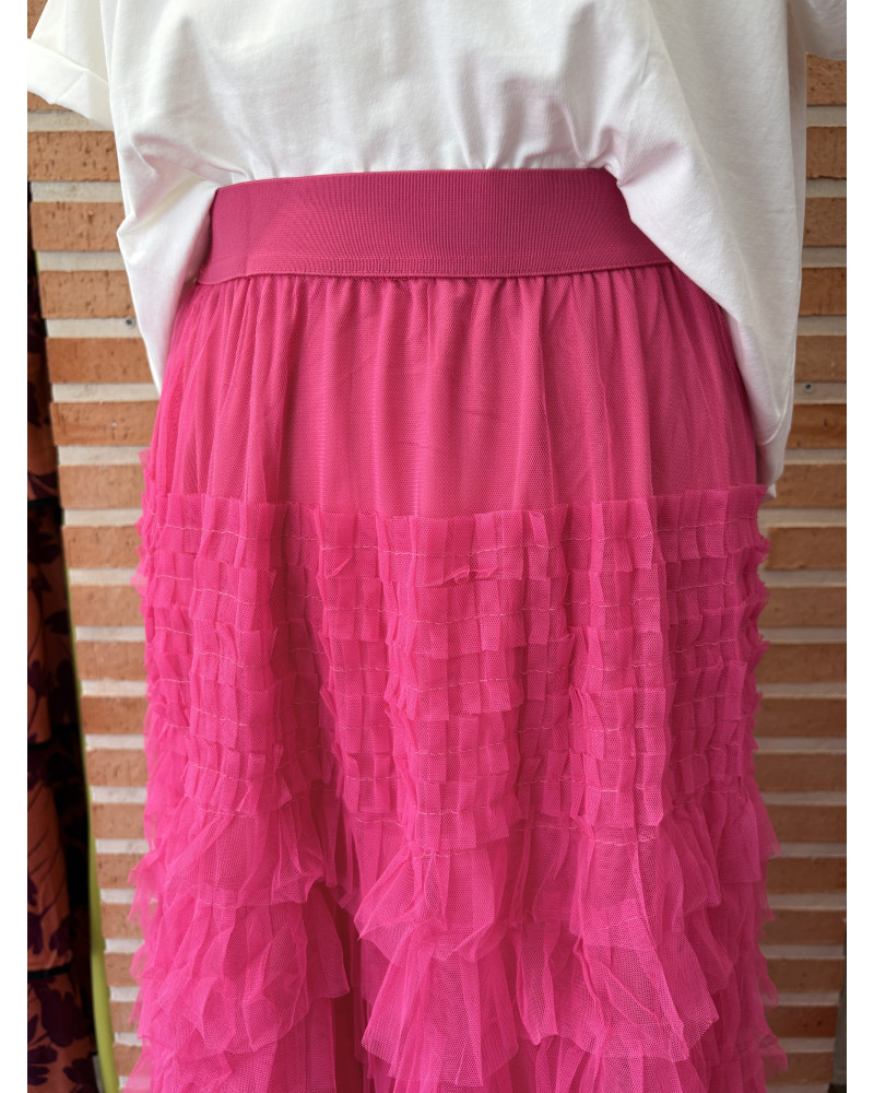 Falda Larga Tul Volantes Fucsia