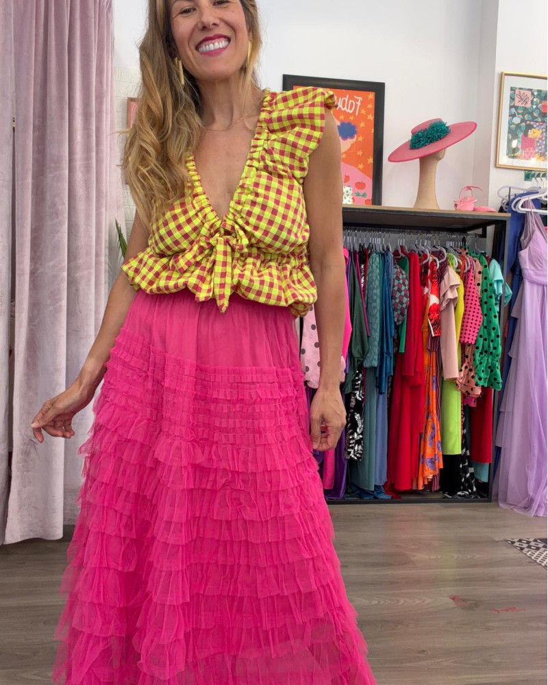 Falda Larga Tul Volantes Fucsia